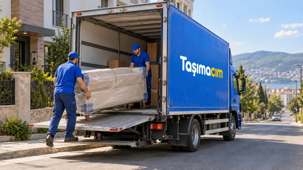 Şehirler arası nakliye için paketlenmiş bir koltuğun mavi Taşımacım aracına yüklenmesi.
