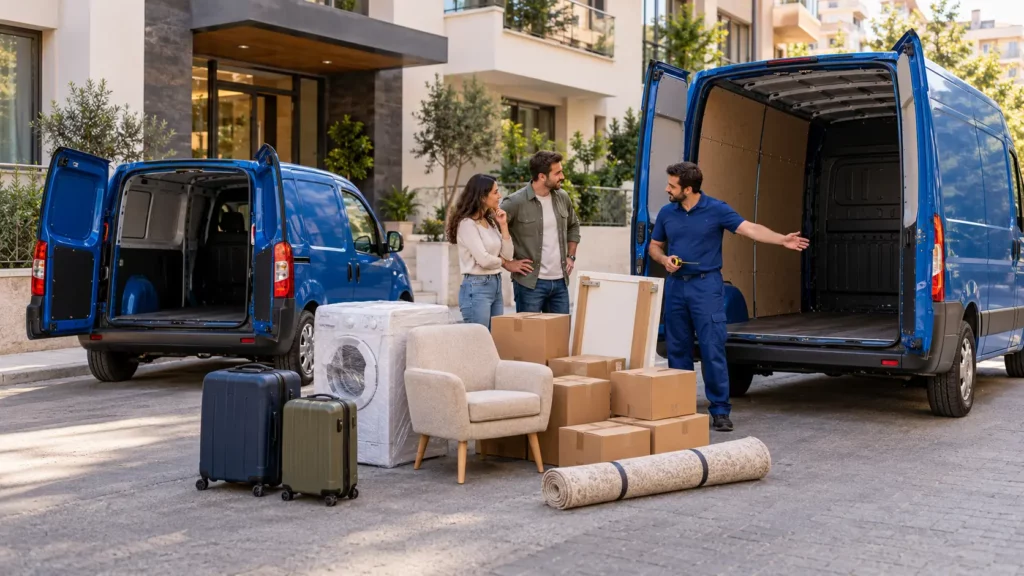 Doblo ve panelvan yanında koliler, beyaz eşya ve küçük mobilyalarla araç seçimi yapan kullanıcı
