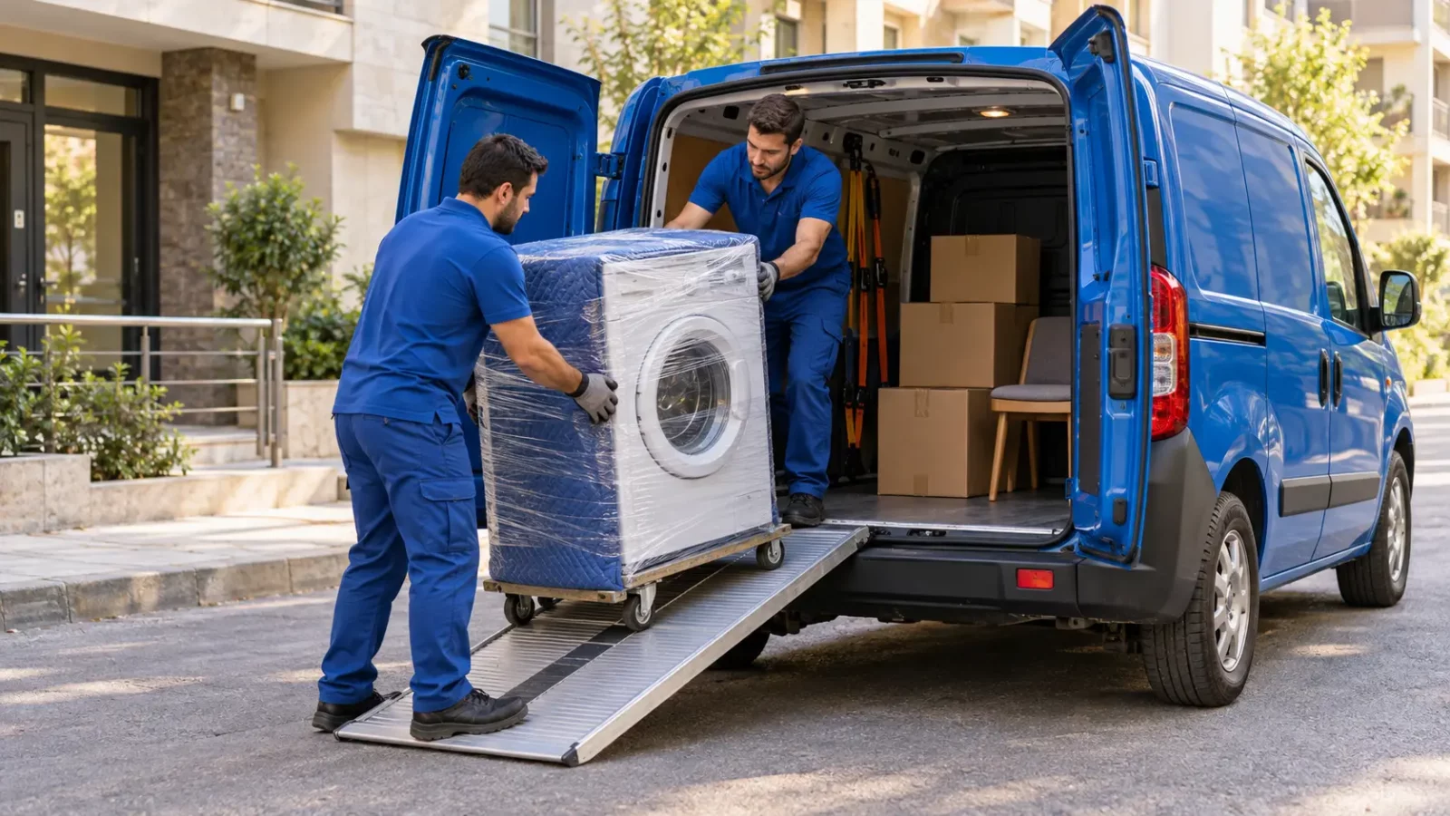 Doblo tipi araca dik şekilde yüklenmek üzere hazırlanan paketli çamaşır makinesi