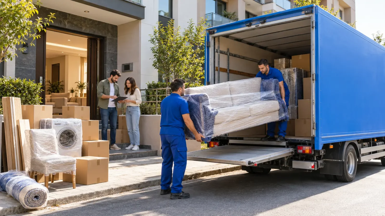 Komple ev taşıma için paketlenmiş koliler, mobilyalar ve beyaz eşyaların nakliye aracına hazırlanması.